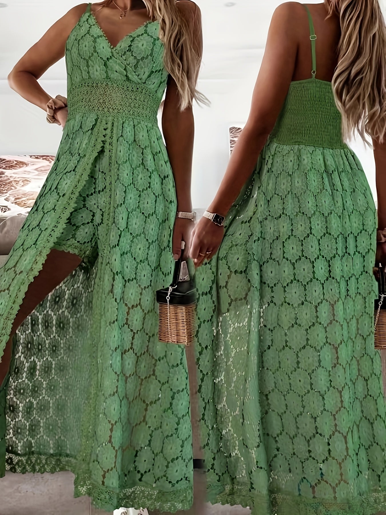 Elegant Women'S Lace Overalls - V-Neck, Long-Length, Solid Color, Sleeveless Romper for All Seasons, Adult Fashion|Vneck Elegance|Intricate Lace Detailing, Lace Dress