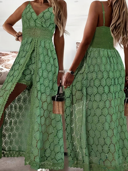 Elegant Women'S Lace Overalls - V-Neck, Long-Length, Solid Color, Sleeveless Romper for All Seasons, Adult Fashion|Vneck Elegance|Intricate Lace Detailing, Lace Dress