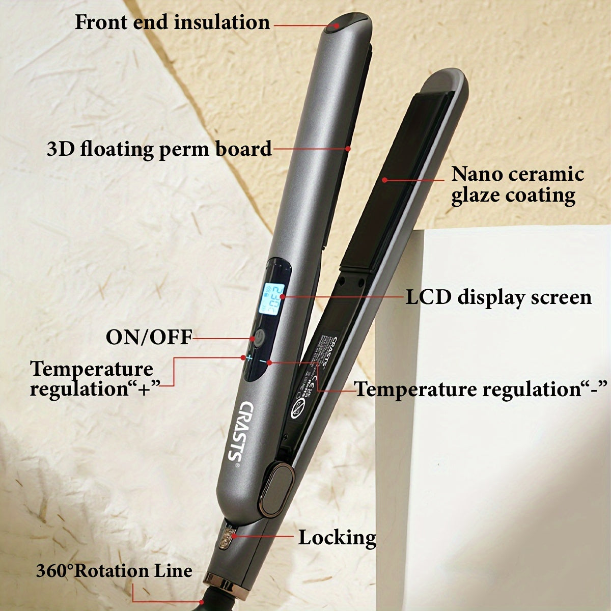 CRASTS Professional Hair Straightener & Curler - Dual-Use, 5-Level Temperature Control, 220V with Display Screen,