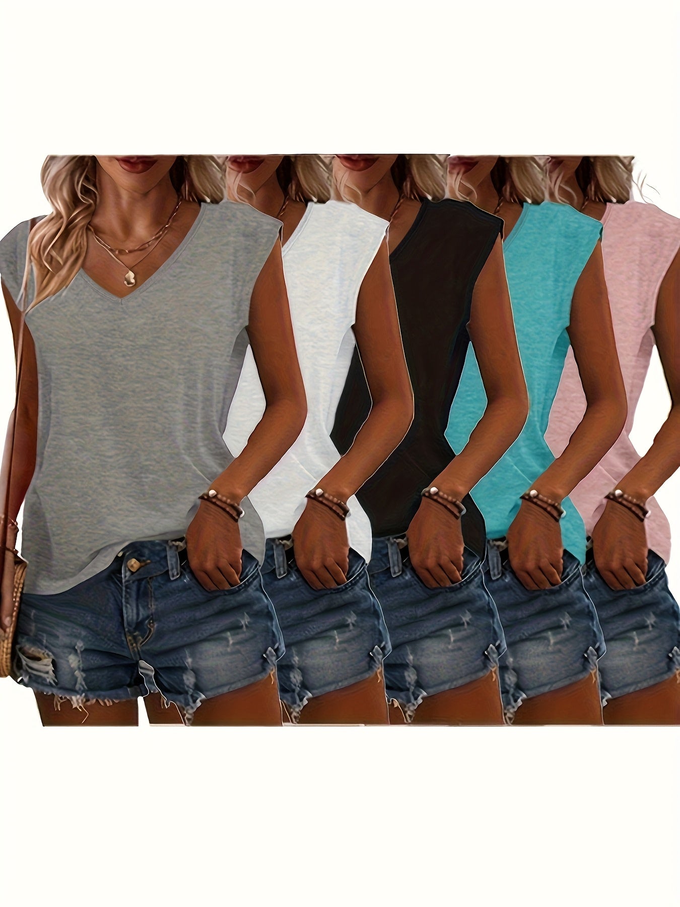 Bottom Board - 5 Solid Color V-Neck T-Shirts, Casual Short-Sleeved T-Shirts Spring And Summer, Women'S Clothing