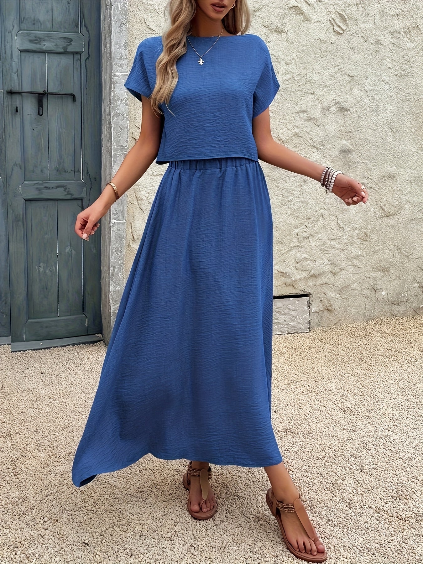 2-Piece Women's Solid Color Short Sleeve Top and Casual A-Line Skirt Set