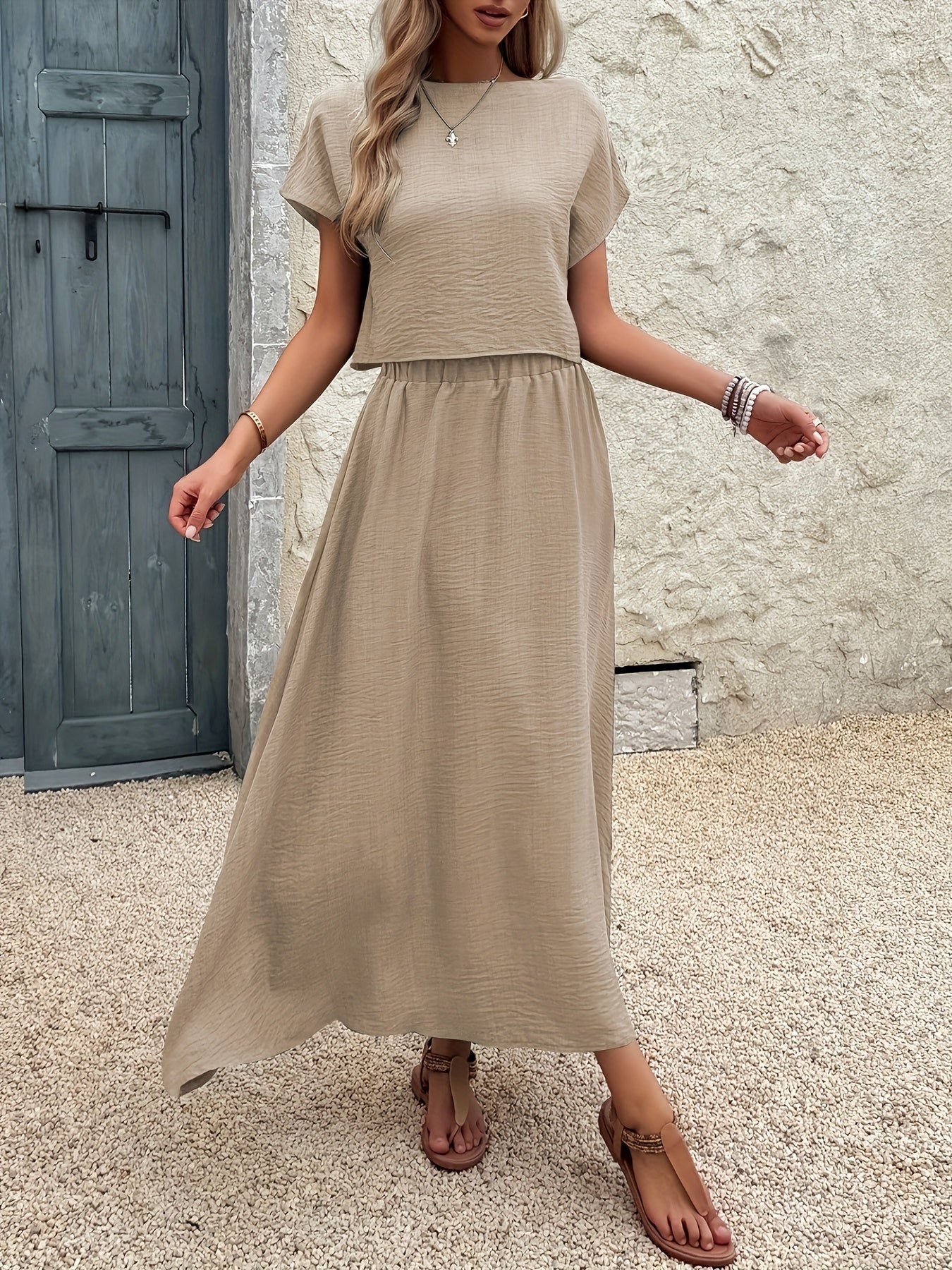 2-Piece Women's Solid Color Short Sleeve Top and Casual A-Line Skirt Set