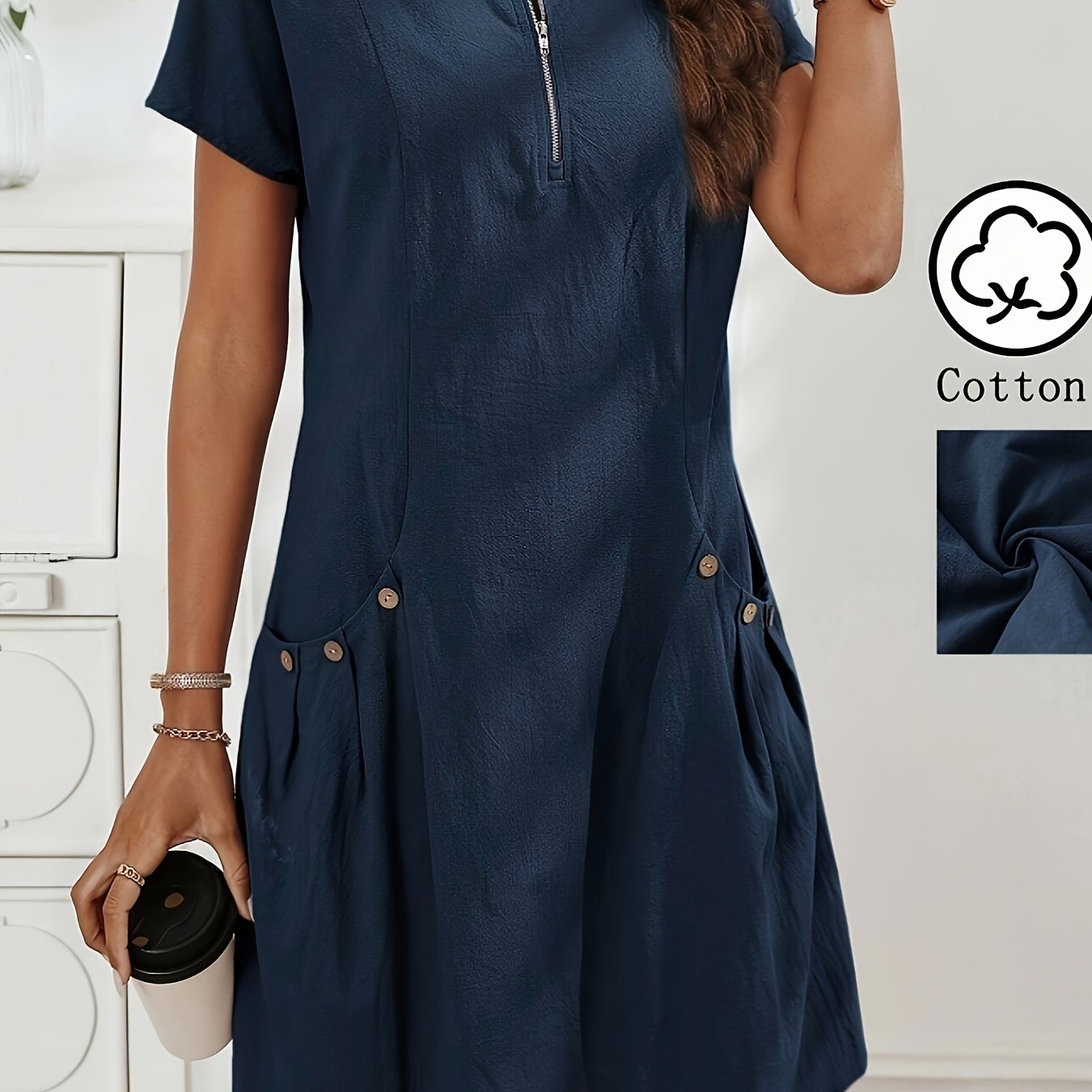 Women's Casual Midi Dress with Zipper and Pockets