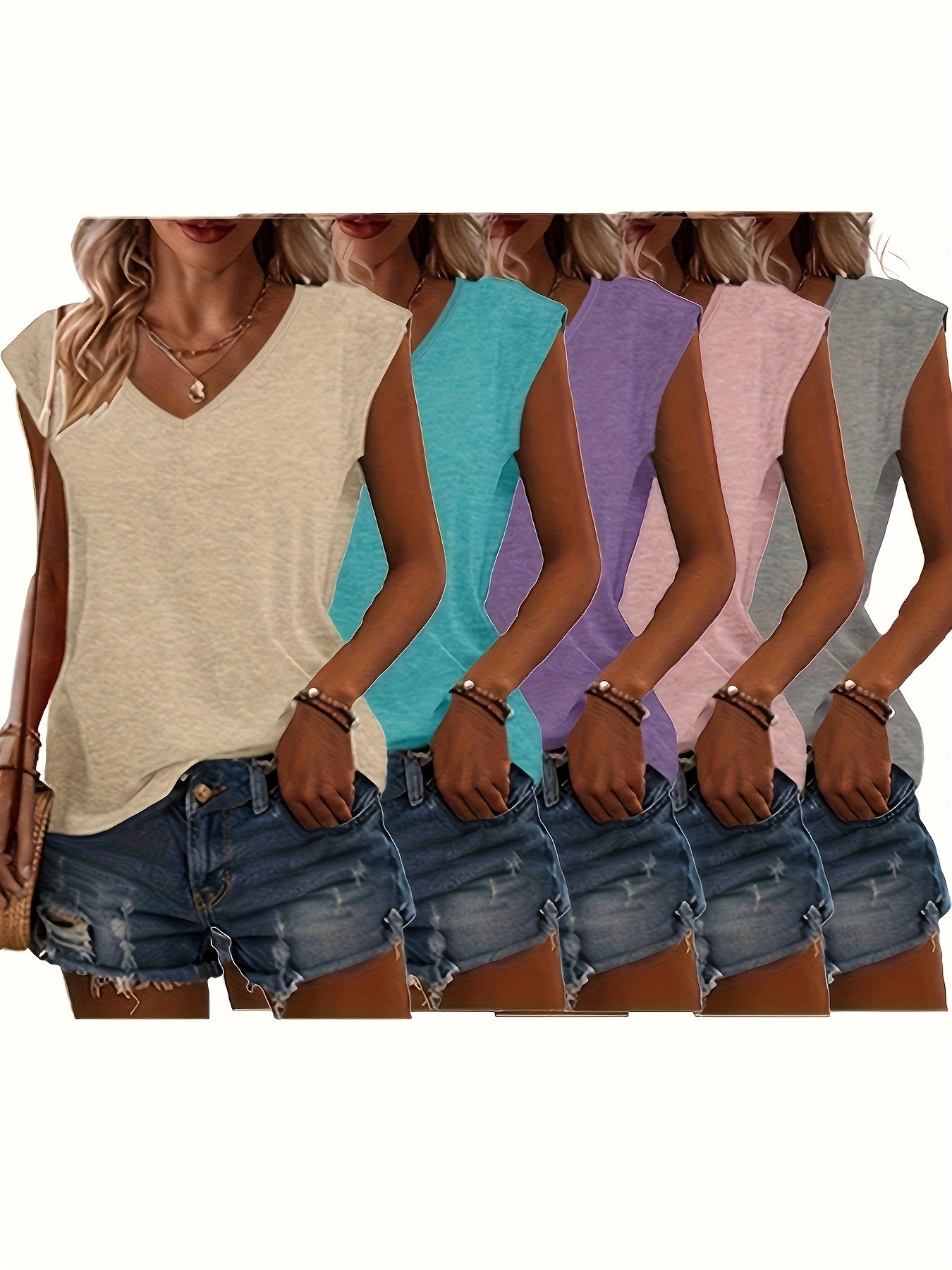 Bottom Board - 5 Solid Color V-Neck T-Shirts, Casual Short-Sleeved T-Shirts Spring And Summer, Women'S Clothing