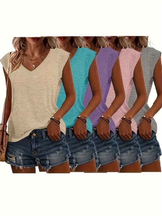 Bottom Board - 5 Solid Color V-Neck T-Shirts, Casual Short-Sleeved T-Shirts Spring And Summer, Women'S Clothing